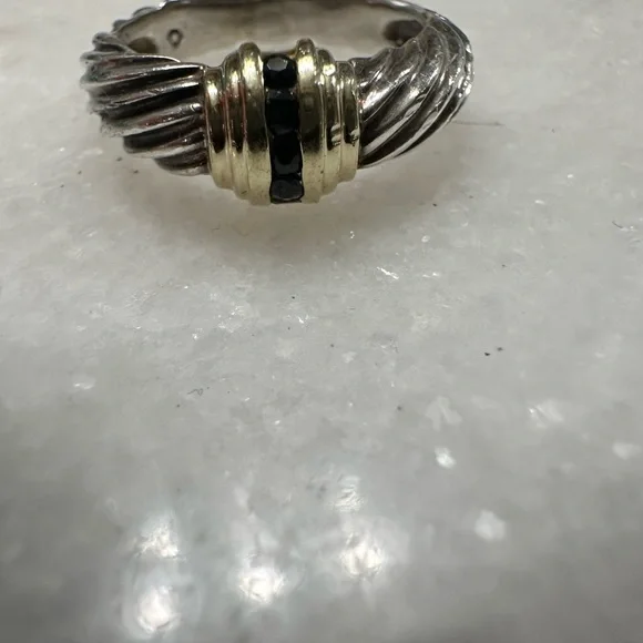 David Yurman Silver and Gold Textured Ring with Sapphire Center - Picture 2 of 2
